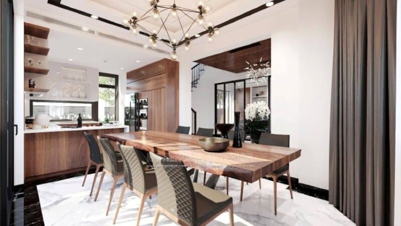 Sẽ là một gợi ý sáng tạo sẽ khiến bạn thích thú như trong mẫu bố trí phòng bếp hiện đại biệt thự Vinhomes Imperia Hải Phòng trong đây, thiết kế kệ trang trí ở vị trí gần bàn ăn nhất giúp bạn lấy ly, chén một cách nhanh chóng