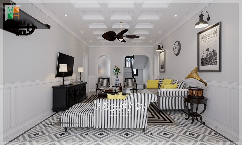 Nếu bạn đã cảm thấy nhàm chán với những màu sắc sofa thông thường, hãy thử áp dụng ngay thiết kế này của Morehome nhé. Với bộ sofa gỗ tự nhiên sơn đen bọc nỉ kẻ sọc đen trắng chắc chắn sẽ làm không gian phòng khách nhà bạn trở nên nổi bật