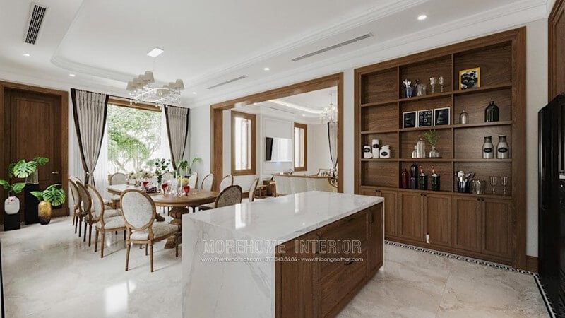 Mẫu kệ tủ phòng bếp được thiết kế đa năng bằng gỗ óc chó cao cấp giúp gia chủ thoải sức trang trí cho không gian ấm cúng của gia đình