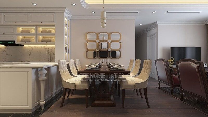 . Không gian phòng ăn tân cổ điển được trang trí bằng một gương ghép độc đáo và phong thủy, đặc biệt làm nổi bật.