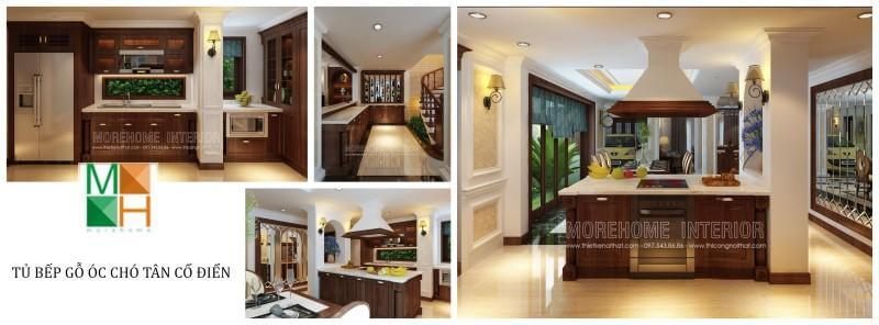 Khách hàng thường quan tâm và lựa chọn sử dụng bộ sưu tập mẫu tủ bếp gỗ óc chó của nội thất MoreHome để trang trí không gian biệt thự.