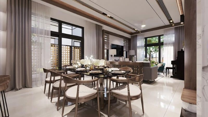 Mẫu bàn ăn 8 ghế cao cấp được làm từ chất liệu gỗ tự nhiên giúp tạo nên sự đẳng cấp cho gia đình.