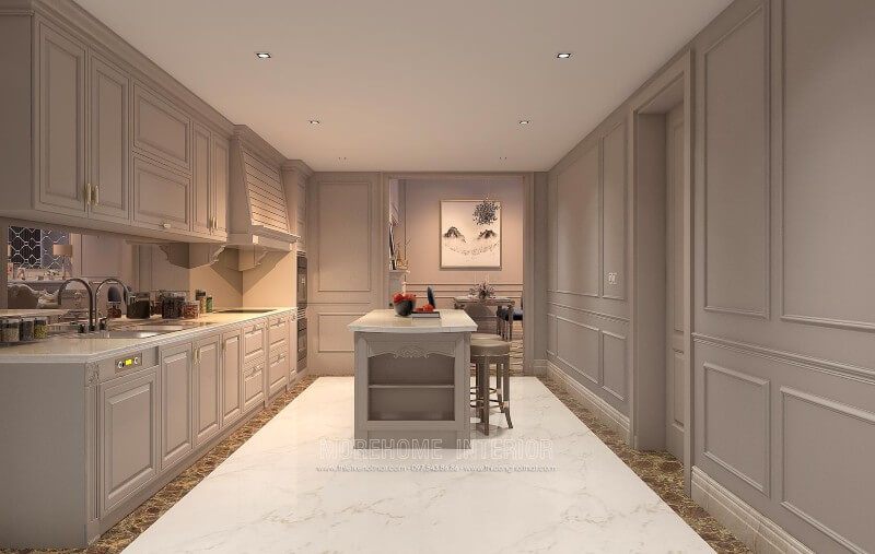 Mẫu thiết kế tủ bếp tân cổ điển được cung cấp tại căn hộ Penthouse KeangNam cao cấp.