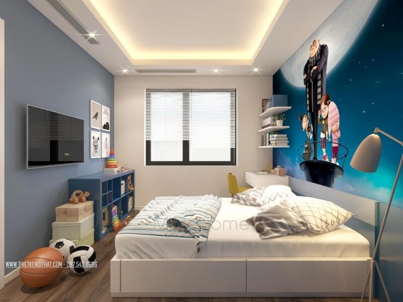 cái Để tạo ra sự hứng thú và trí tưởng tượng, gia chủ đã chọn tranh dán tường hoạt hình vũ trụ cho phòng ngủ của con cái.